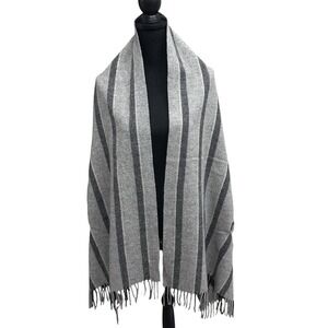 Madewell Cape Scarf In‎ Vertical Stripe 100% Wool Fringe Armholes Gray SOFT
